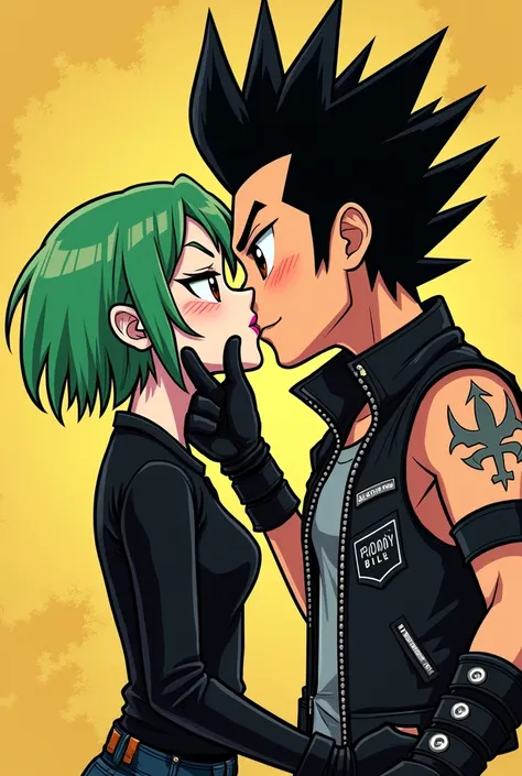 Draw me two people in the animation style of Scott Pilgrim and the Exes of the Girl of His Dreams:
A girl with short green hair, black clothes, and long eyeliner, brown eyes and more or less pale skin, kissing a boy with short black mohawk hair, skin of a ...