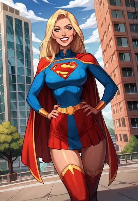 (score_9, score_8_up), score_7_up, karakent, photo, front view, real, smilling, happy, supergirl, super girl, blonde hair. smill...