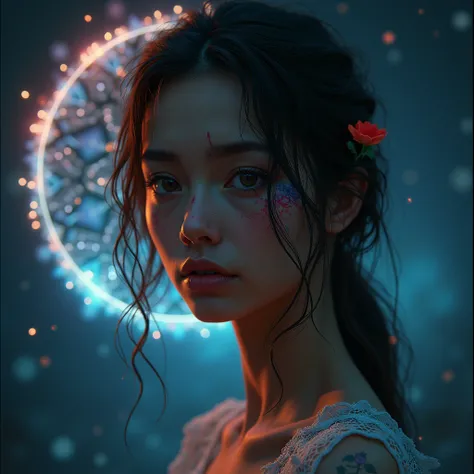 Portrait of a beauty lost in thought, (looking straight on at camera), race:1.8, super intricate race pattern, colorful race pattern, nebula and star field background, Mandala, light up, line art, vanishing lines, (subtle tattoos), low color, night, moonli...