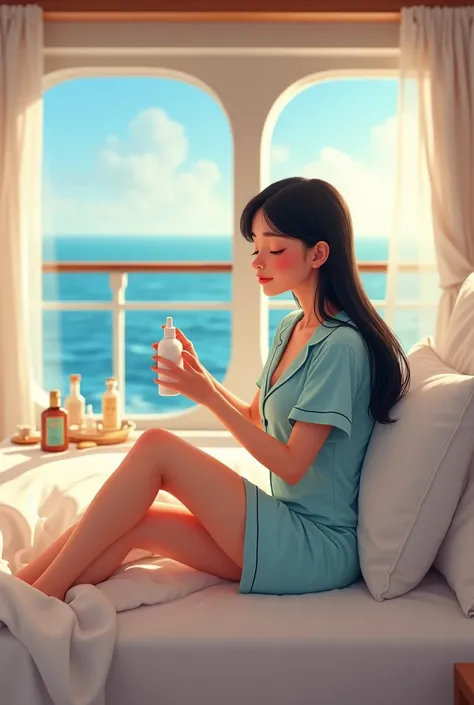 Girl in her late 20’s, long straight black hair, wearing blue silk short and light blue silk buttoned top short sleeve pajamas at cruise ship room doing skin care. Pixar cartoon