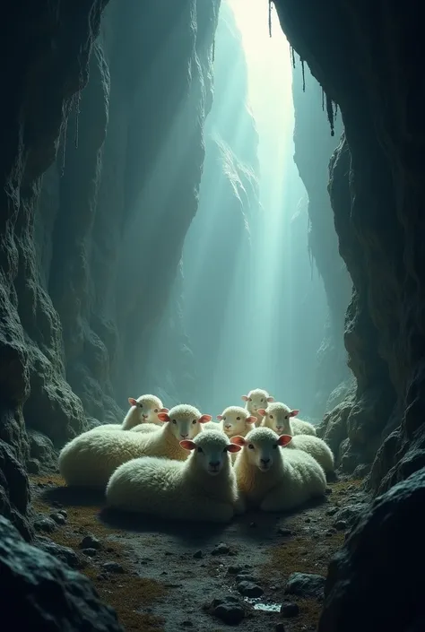 A flock of sheep in a cave 