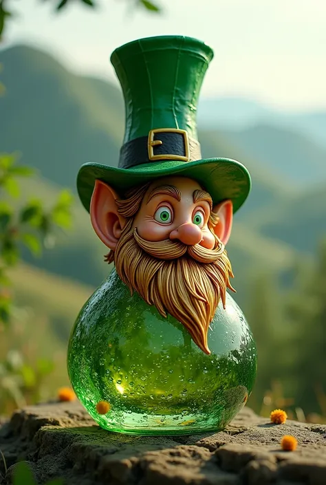 Glass bottle in the shape of a leprechaun where the cap is the hat