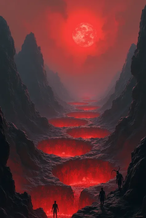 a scene of a gloomy and desolate landscape, with ten deep pits, each with souls being tortured in horrible ways, surrounded by demonic monsters. The colors will be dark and oppressive, with a fiery red sky and rocky mountains in the background, representin...