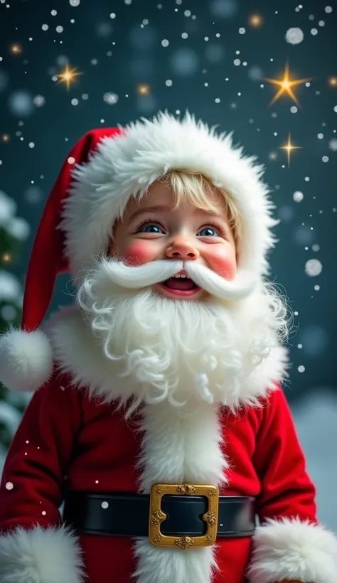 A Boy Santa Claus, his face glowing with joy, smiles warmly under the twinkling Christmas night sky. The high-detail photograph captures every twinkle in his eyes and the soft texture of his white beard. Snowflakes gently fall around him, adding a magical ...