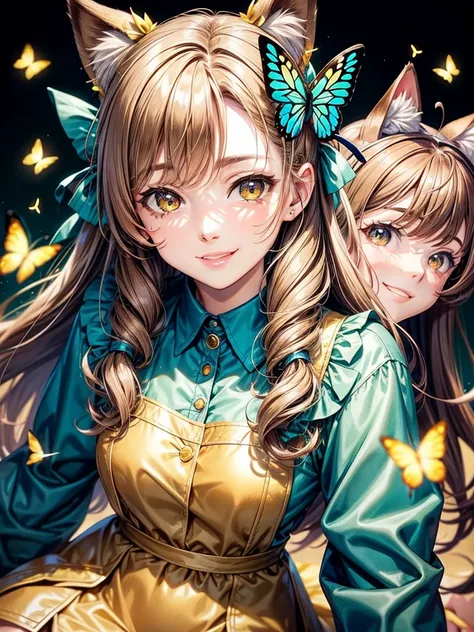 Light brown hair, hazel eyes, older woman, hair bows, cat ears, long hair, smiling face,outfit, butterflies, teal and gold outfit, butterfly background 