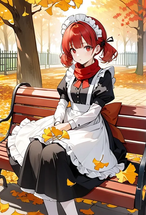 Carl Larsson-style illustrations, A girl is sitting on a park bench looking at the autumn leaves、The girl has red hair in twin tails and red eyes.、Maid hair ornament on head、She is wearing a gorgeous maid outfit with cute frills.、Red scarf、The girl is surr...