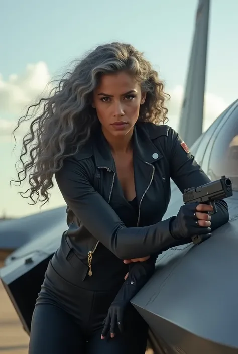 A beautiful youthful looking Filipino version of Ariana Grande as a 50 years old woman with long curly compl etely gray hair as the superhero Daisy Johnson from A gents of S.H.I.E.L.D wearing a Daisy Johnson outfit lea ning on a f 35 holding a gun in her h...