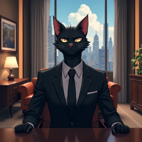 black cat man with anxious look and is sitting on office chair , He&#39;s wearing a suit and is in a luxury meeting room. anime style