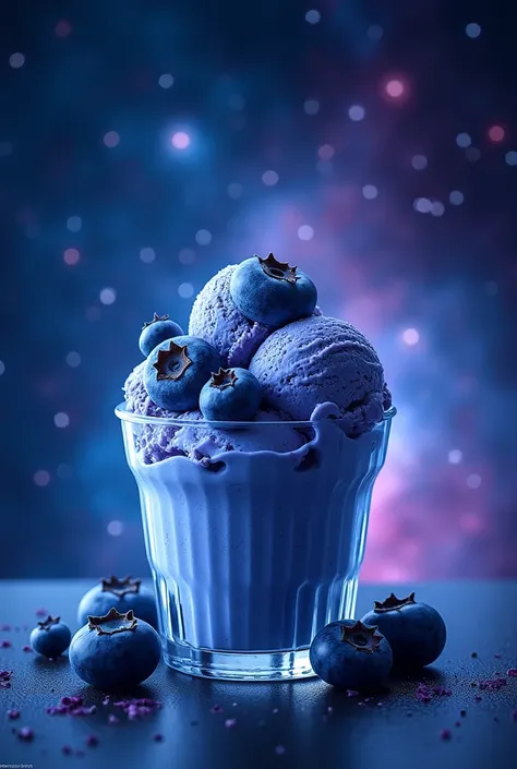 Ice cream in a glass, blueberry flavor, decorated with blueberries and galaxy. Creative for an advertisement, realista full hd