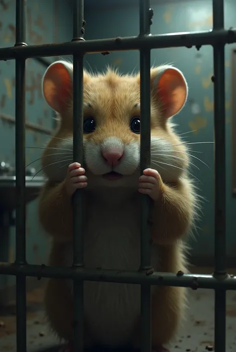 Humanoid hamster in jail behind cells