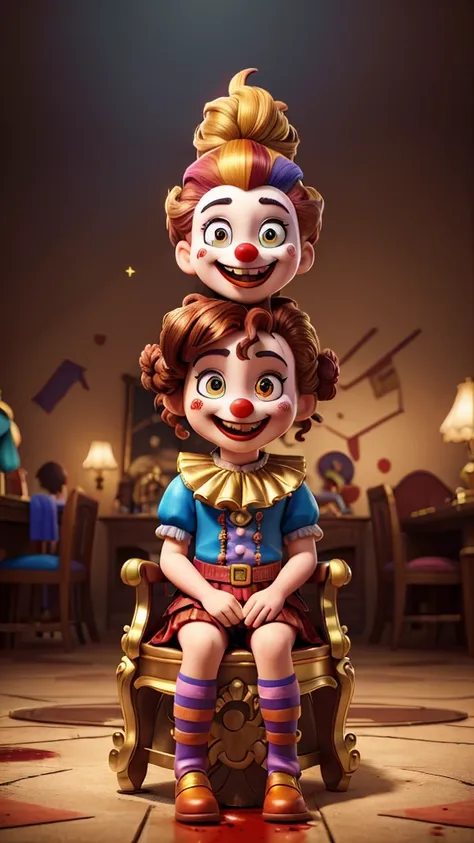 Crazy Clown Emperor，Clown Girl Colorful, Jester Cap,Clown costume, Mitt, Dark gold hair,cute,Wavy Hair, Hair Bun,High heels。(Sitting on the Golden Throne), He burst out laughing., (The ground was covered in blood), The horror of scissors that fell to the g...