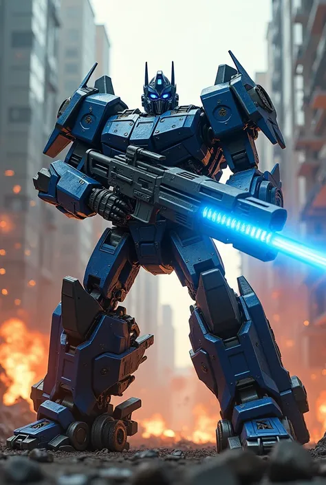 Megatron holding a blue rifle War background Highlight QRTN in the background