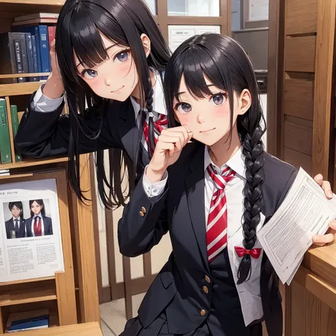 (highest quality)、high school student、uniform、blazer、Braids、shrine、No tie、smile、Embarrassed、Strong-willed、Cheeky、tall