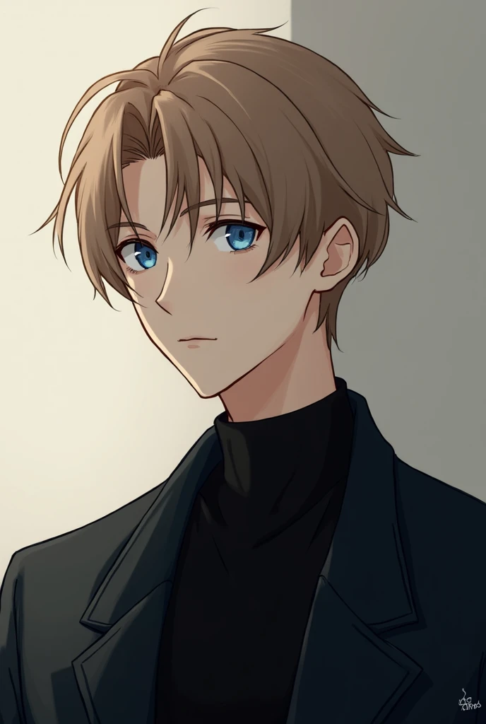 Man with light brown hair. blue eyes. black clothes. version anime.