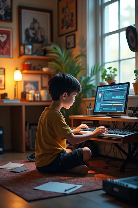 Boy creating music in his room