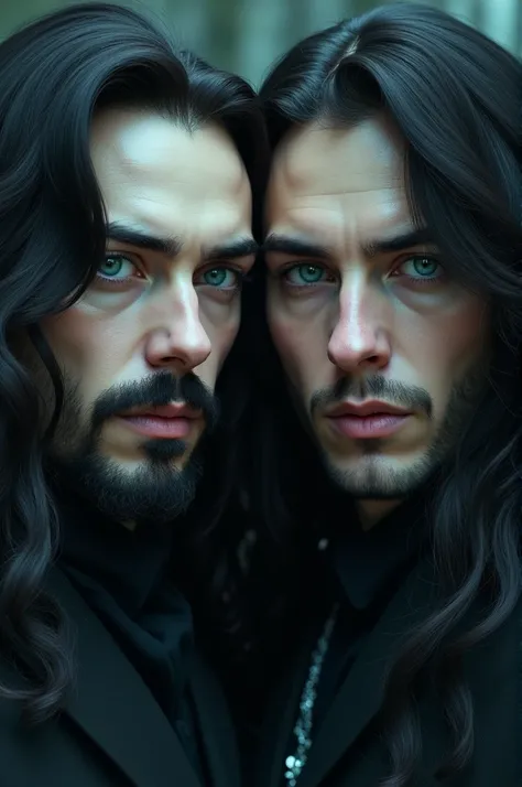 2 man, with beard, Wavy black hair and ice-colored eyes. Her skin is pale 