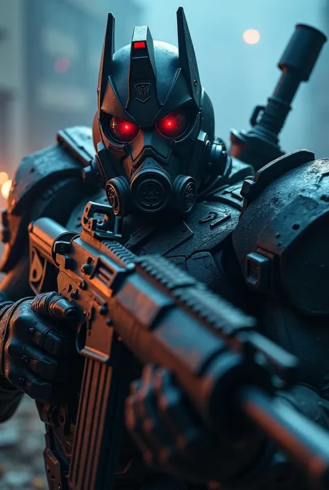 Megatron in a gas mask holding a rifle War and blood background Blue QRTN highlight in the background