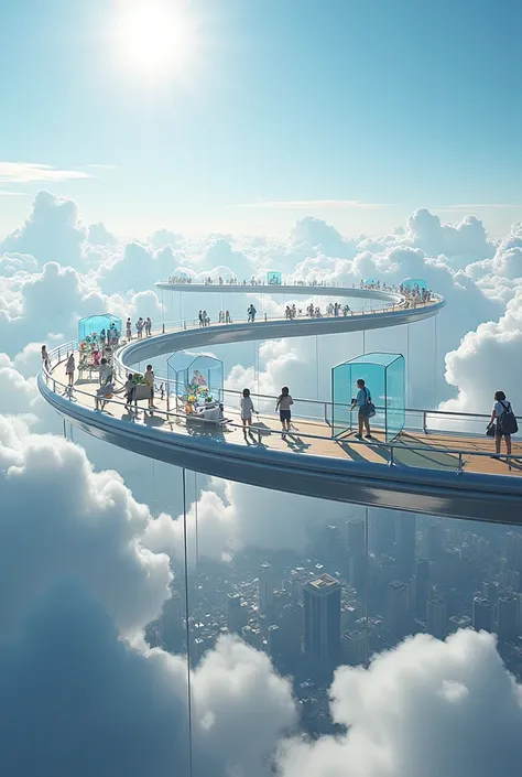 Imagine a network of Elevated Educational Rings that crosses the sky of a city, like a set of elevated bridges between the clouds. These rings are built several meters above the ground., with a light appearance . The structures are made of curved steel and...