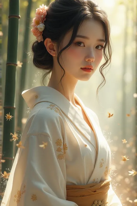 The fantasy character of female character. The woman has a calm and ethereal presence, with soft facial features. Her hair is styled in a traditional half-up, half-down manner, loosely tied back, with gentle waves cascading down her shoulders.
Her makeup i...