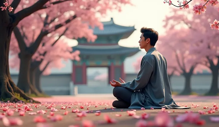 Gyeongbokgung Palace: A Korean man meditating in a serene garden at Gyeongbokgung Palace, surrounded by cherry blossoms and majestic traditional architecture, reflecting peace and harmony with nature.