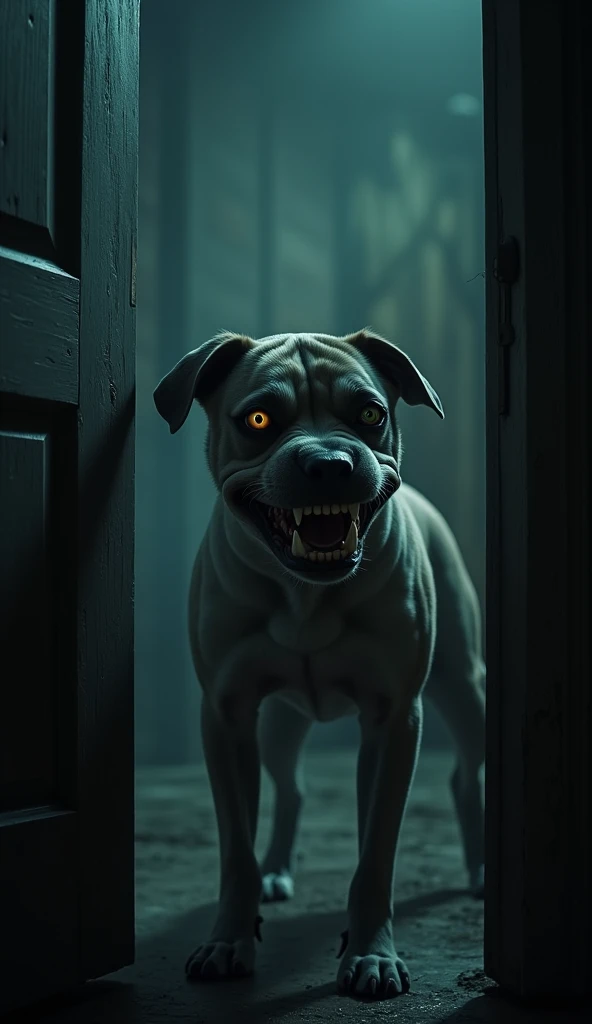  A dog smiling in a creepy way in a doorway in a dark house, the lighting focuses on his face, who has bulging eyes, a smile.