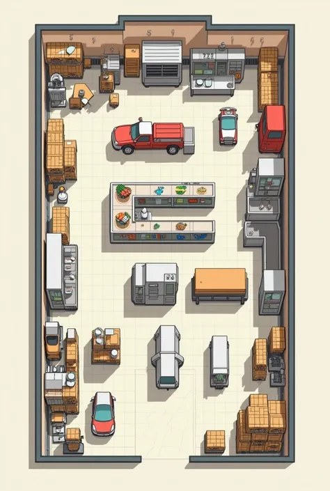 Generate a layout of a cafeteria seen from above focusing on the kitchen, warehouse and where the shipments are received simplify it as a plan