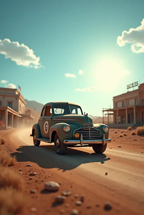 a car in the old west with a round logo on the door and a "g" letter, detailed car, photorealistic, 8k, ultra-detailed, highly detailed, intricate details, volumetric lighting, dramatic lighting, cinematic lighting, desert landscape, old western town, dust...