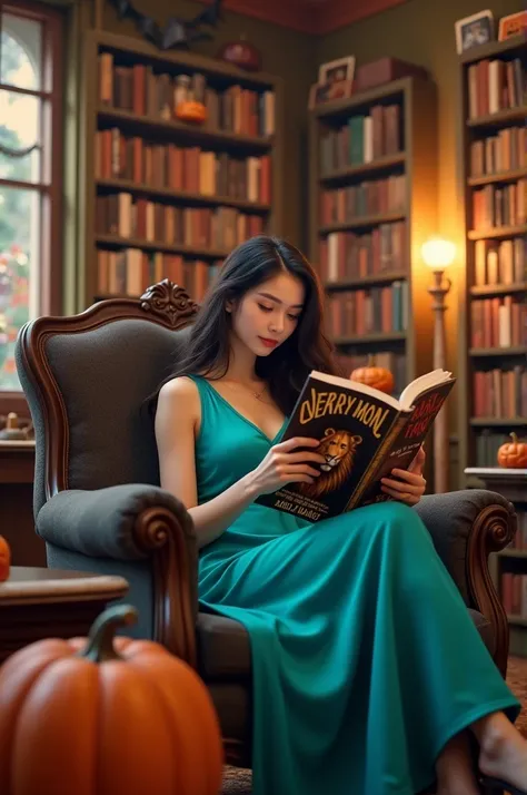 Background a bookstore, halloween decoration. A chick in a turquoise dress on an armchair reading a scary book. On the cover of the book a lion 