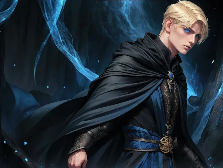 An adult male wizard with short blond hair and blue eyes with a serious look wearing good quality clothes and a black cloak. 