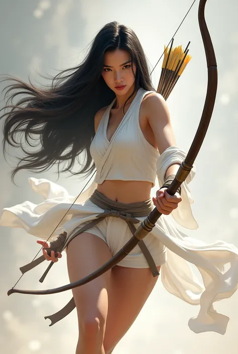 mulher Asian com arco e flechas nas costas, long black hair, serious but calm face, full body, in short white clothes made for her to move around quickly, she is in a comp pose as if she were jumping and shooting, Asian