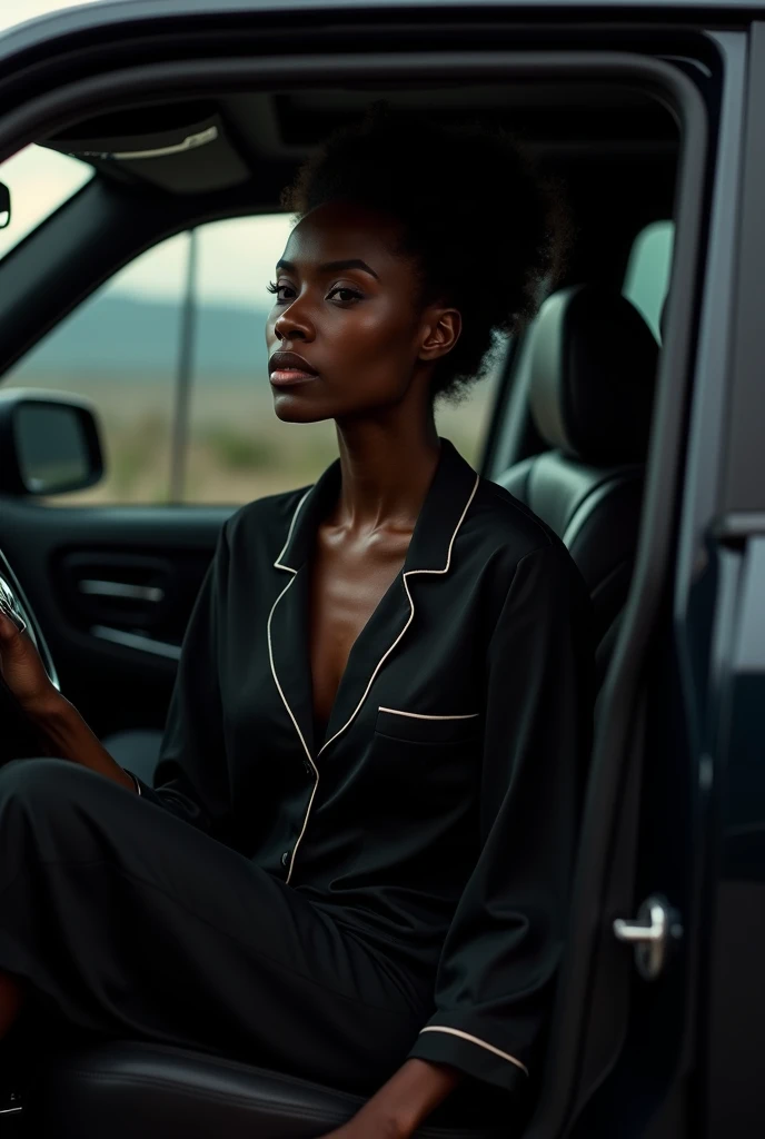 In a pajamas,Generate an image of a dark black lady with slick back Afro hair in a black car