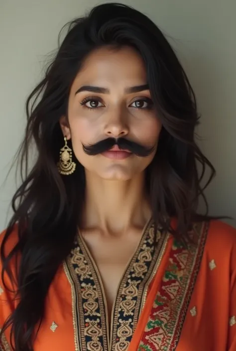 Ultra-Realistic precision portrait, a Pakistani young mustache woman with a natural moustache, natural hair, with beautiful eyes, wearing traditional pakistani clothes, solo, looking at the viewer