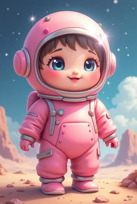 Manga style　Spaceman　2 heads tall and cute　pink　smile　Sparkling eyes　Charming　Big eyes　Child-like facial expression