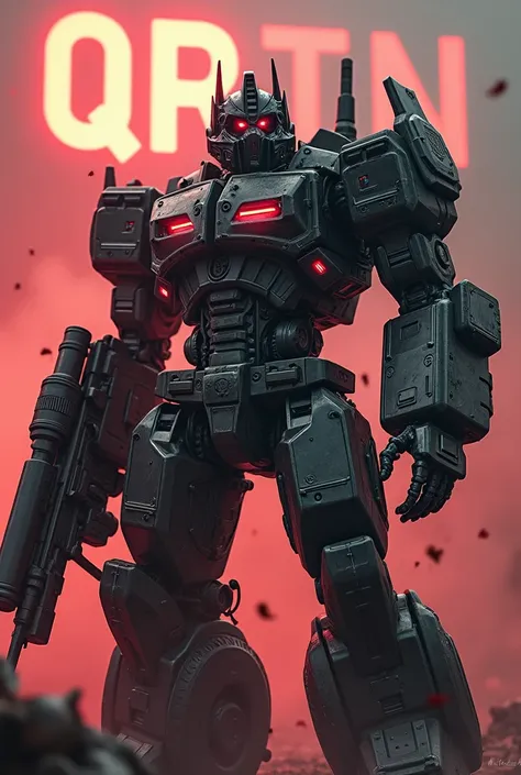 Evolved Megatron with a gas mask holding a rifle Background of war and blood Highlight on the word QRTN in the background