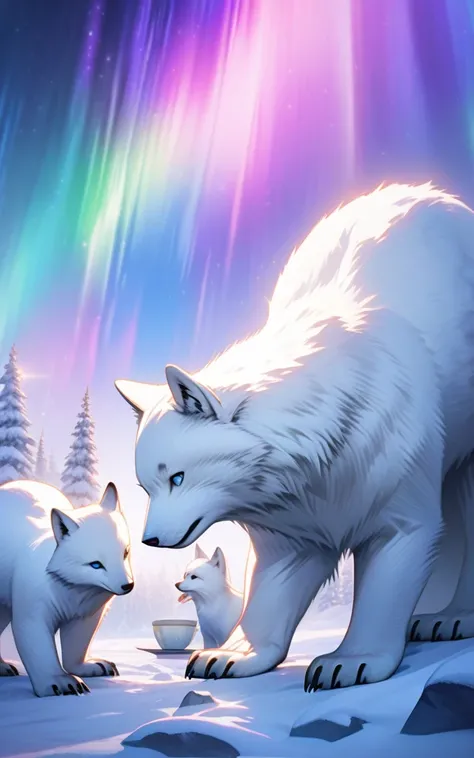 "Snowy Tea Party"
prompt: "Hyper-detailed nano-textured arctic animals in 8K resolution, showcasing intricate snow-flecked fur patterns and vibrant aurora borealis colors. The scene features a snowy tundra with polar bears, arctic foxes, and snow hares sha...