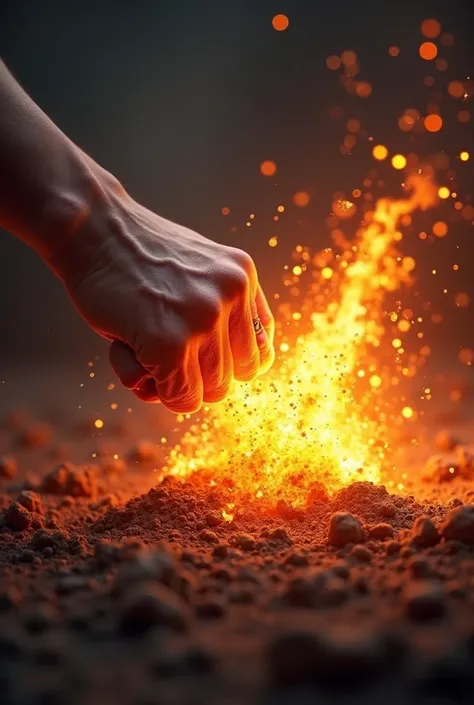 A hand punching the ground with pressure and fire coming out of the ground