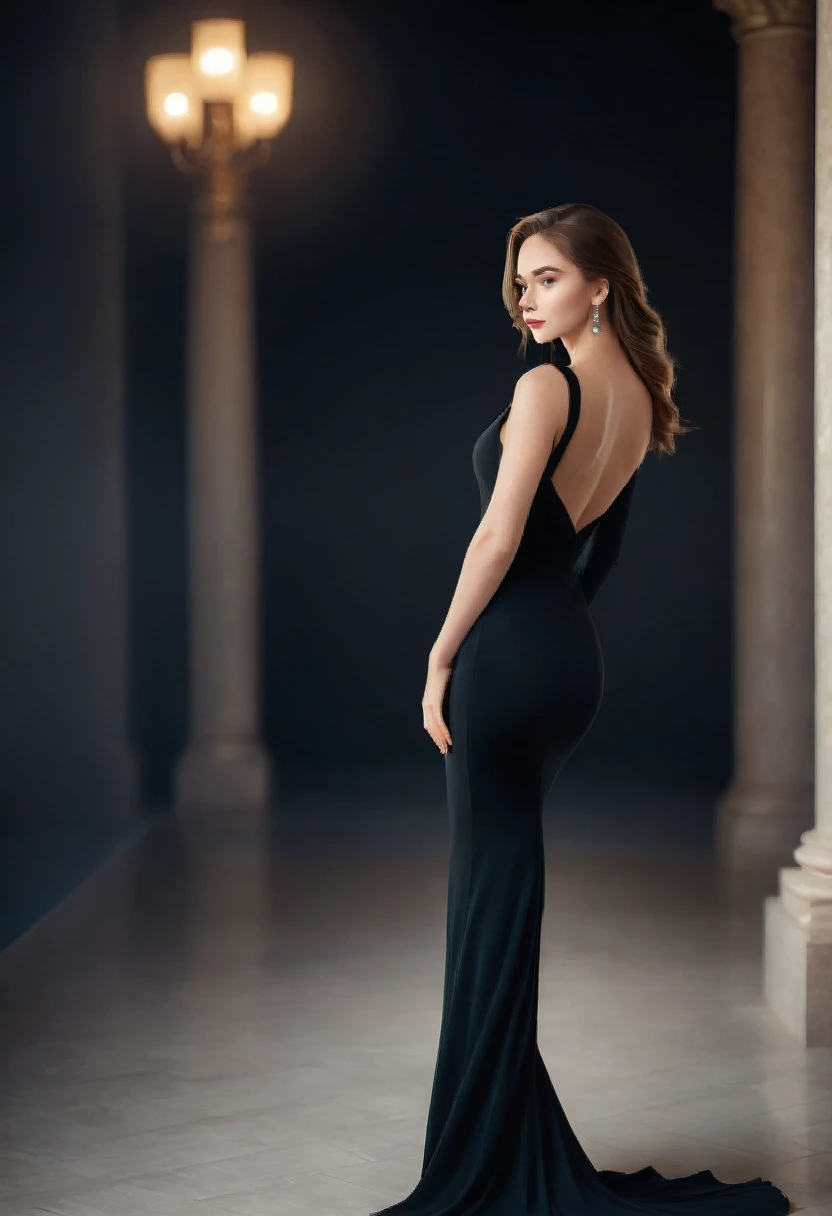 there is a woman in a black dress standing in a crowd, stunning elegant pose, wearing an elegant dress, beautiful model, gorgeous woman, stunning woman, half-turned lady in evening gown, stunning elegant, from the side, elegant posed, 8 k sensual lighting,...