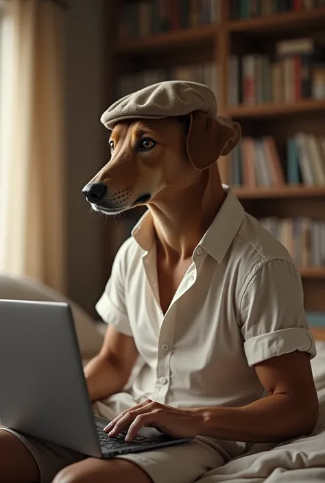 Handsome dog face with human lean body wearing loose white shirt and khaki shorts with hat, sitting in front of laptop inside a cozy bedroom