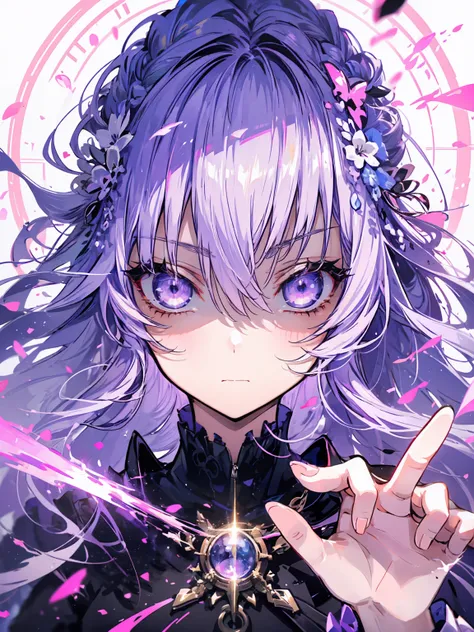 Single girl, purple hair gradient with white, glowing lavender eyes, really mad, dark clothes, purple light halo, magic circle