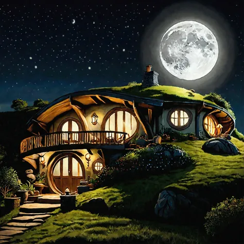 The home of a hobbit on a hill with a quiet night atmosphere with the moon shining above.