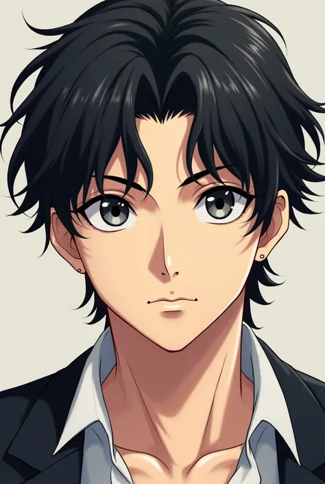 Handsome boy with wavy black hair. Gray and feline eyes. A mole on his left cheek. masculine. version anime.