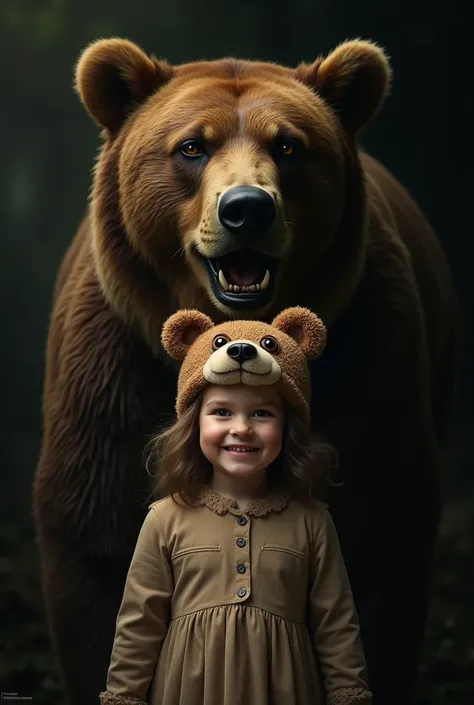  smiling child wearing a bear head hat and a brown bear behind her, movie cover style, horror art