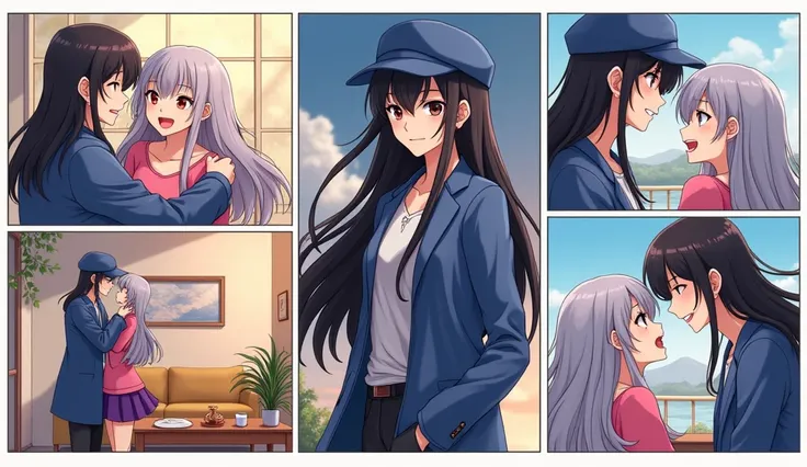 Create a comic with different scenarios in its frames of a love anime boy with long black hair with a blue cap, blue coat and black pants and a girl with gray hair in a pink blouse and purple skirt