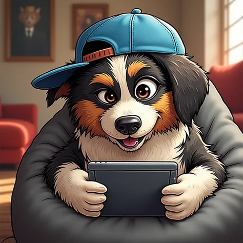 The image is a digital illustration of a dog wearing a blue baseball cap. The dog is sitting on a gray bean bag chair and is holding a tablet in its paws. The background shows a living room with a red couch and a coffee table. The focus of the image is on ...