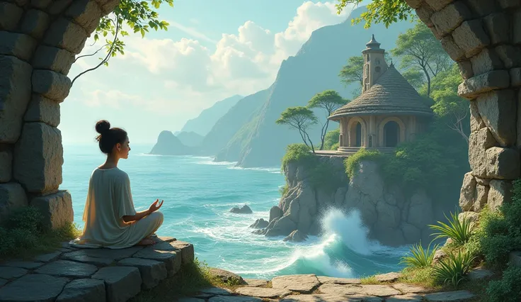 Hyangilam Hermitage: A woman meditating at Hyangilam hermitage, situated on a cliff overlooking the ocean, surrounded by the peace and silence of the place, symbolizing a deep connection with nature and the spiritual.