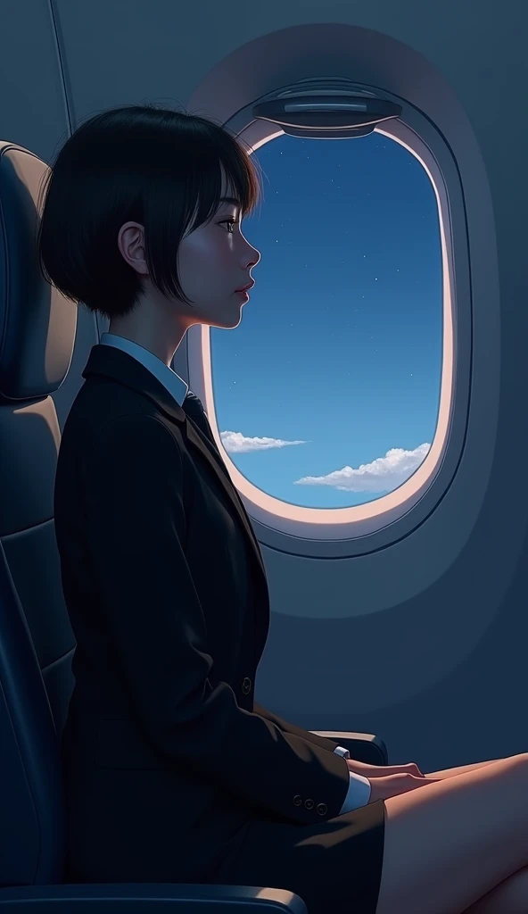 Japanese、woman、20 years old、Short Hair、suit、mini skirt、Airplane interior、Sitting in a seat、Eyes closed、Outside the window is a night view、