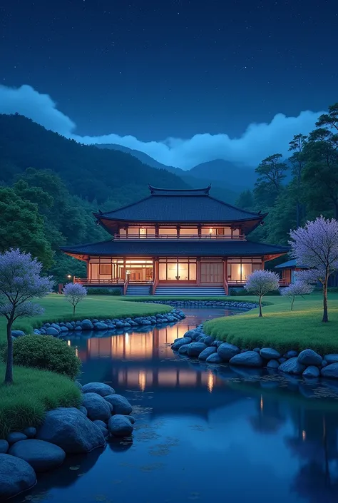 Create a large Japanese house, during a starry night, the house is reflected in a stream bordered by stones and the bright green grass of a flower garden. The camera frames the river in a balanced way, she took the house.