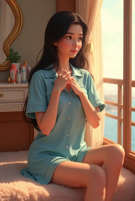 Girl in her late 20’s, long straight black hair, wearing blue silk short and light blue silk buttoned top short sleeve pajamas at cruise ship room doing skin care. Pixar