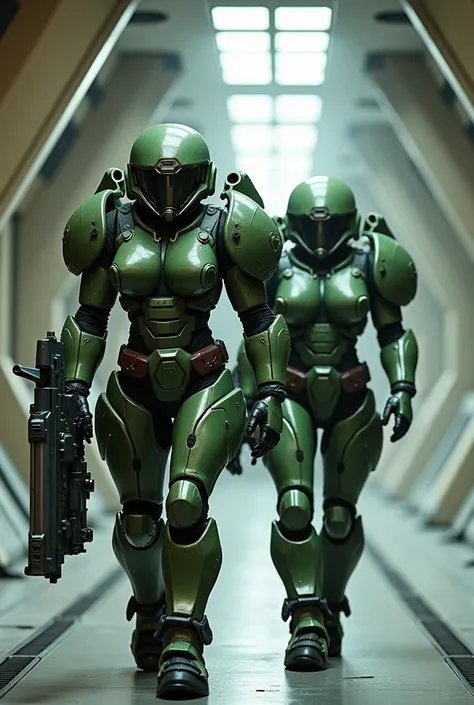 A badass muscular 2 female wearing green doomguy doom marine armor and helmet from DOOM  with large breasts holding gigantic futuristic rifle walking down hallway of futuristic space station