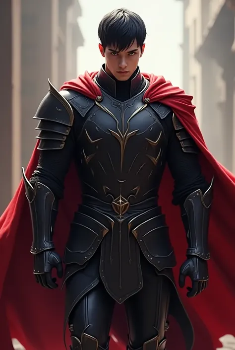 Young male knight with short black hair and wearing a black armor and a red cape